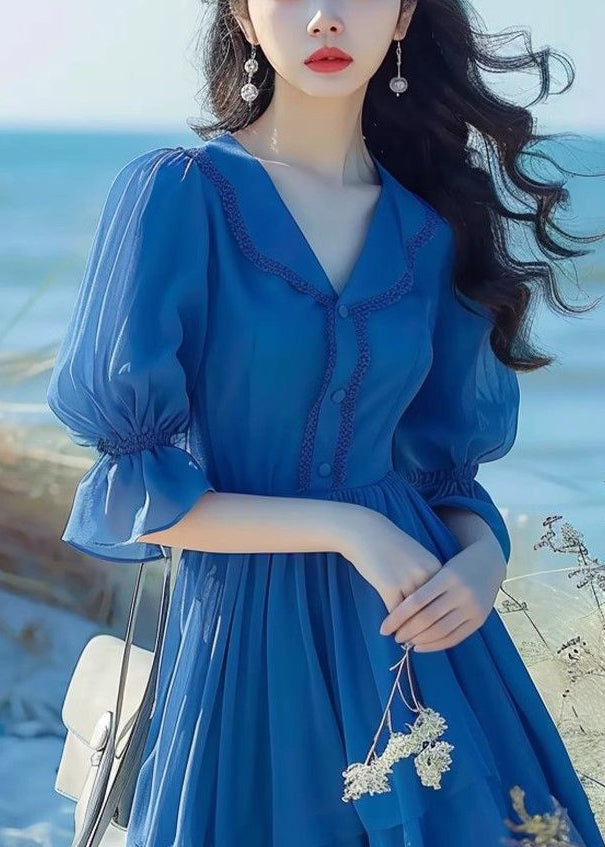 Blue Peter Pan Collar Button Chiffon Dress Flare Sleeve