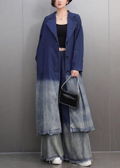 Gradient Color Denim Blue Long Coats and Wide Leg Pants Two Piece Set Spring