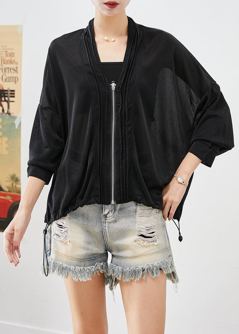 Black V Neck Drawstring Wrinkled Upf 50+ Coat Fall