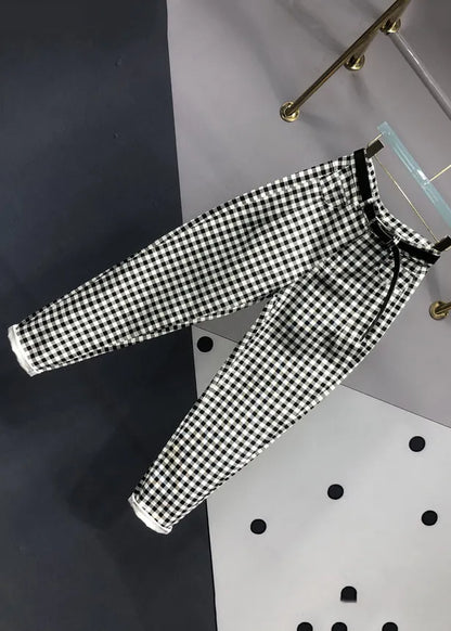 Black Plaid Pockets Patchwork Denim Pants Fall
