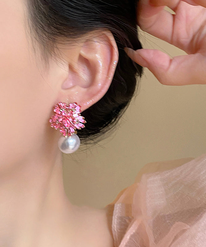 Pink Copper Alloy Zircon Pearl Drop Earrings