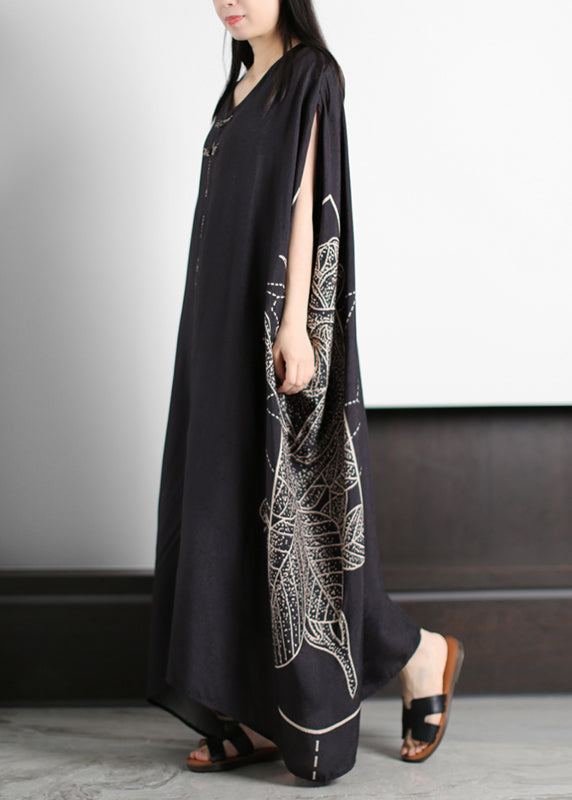 Unique Black O-neck Asymmetrical Patchwork Print Silk Vacation Dresses Half Sleeve