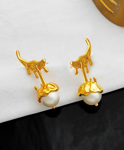 Gold Copper Overgild Glass Pearl Stud Earrings