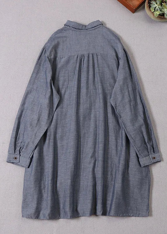 Fitted Grey Peter Pan Collar Wrinkled Cotton Dresses Spring