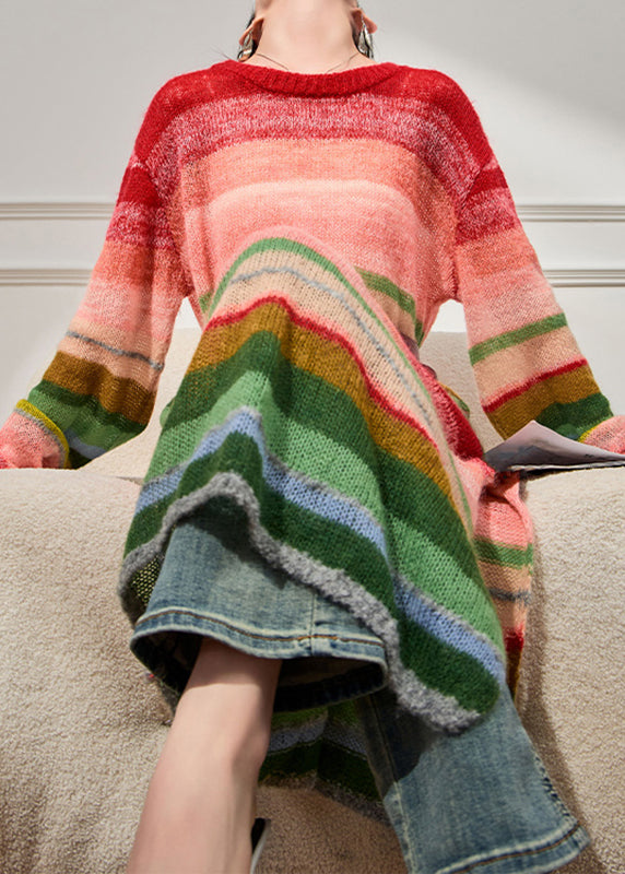 French Red O-neck Striped Sashes Knitted Cotton Thread Long Dress Winter