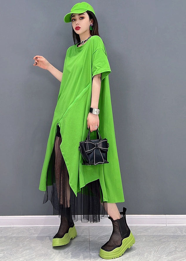 Green Asymmetrical Design Cotton Pullover Dress Short Sleeve