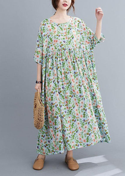 Light Green O-neck Patchwork Print Summer Dress Half Sleeve