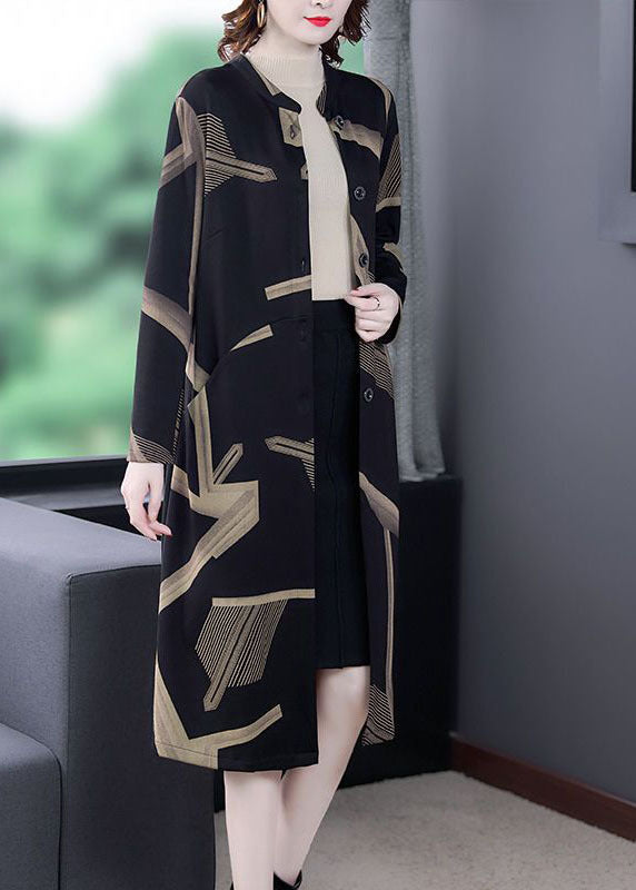 Black Stand Collar Oversized Print Coat Outwear Long Sleeve