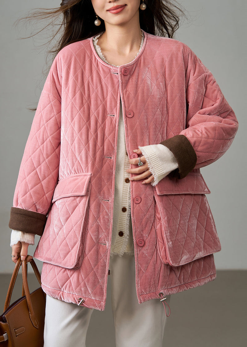Pink Plaid Fine Cotton Filled Silk Velvet Jackets Winter