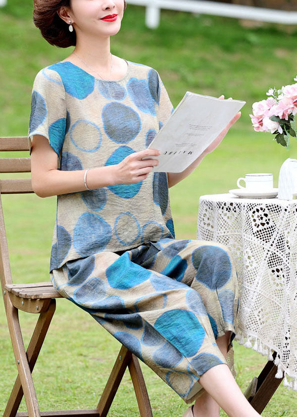 Blue O-neck Dot Print Linen Tops and Crop Pants Two Pieces Set Short Sleeve