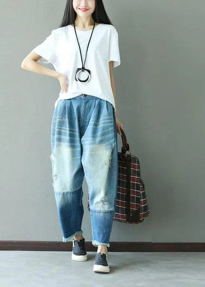 Art Blue Pockets Button Hole Fall Patchwork Pants