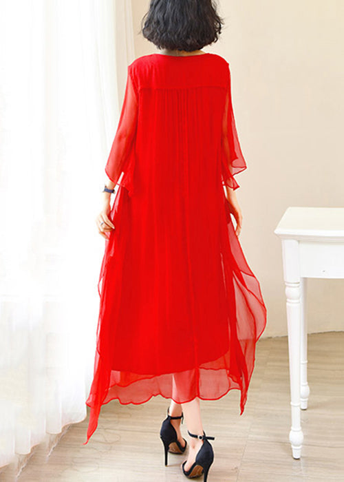 Red O-neck Ice Silk Long Dress Flare Sleeve