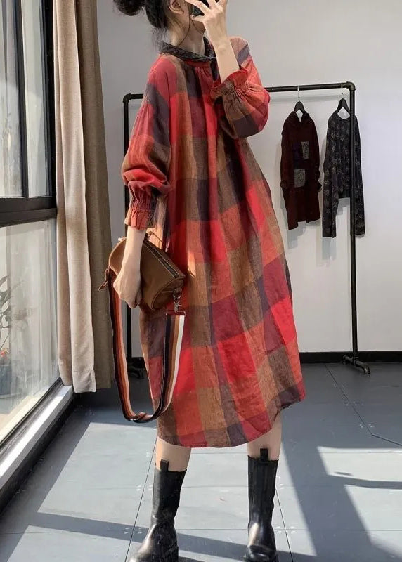 Red Plaid Patchwork Cotton Dresses Fall