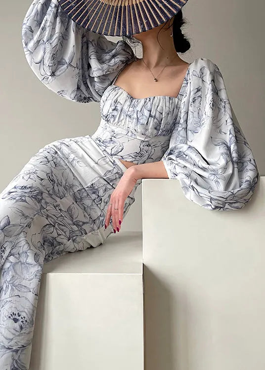 Stylish Blue Square Collar Print Tops and Skirts Chiffon Two Pieces Set Spring