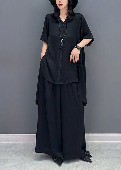Black Button Shirts and Wide Leg Pants Two Piece Set Half Sleeve