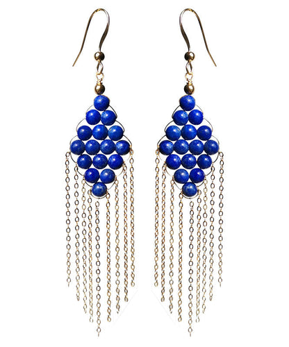 Blue 14k Gold Gem Stone Tassel Drop Earrings