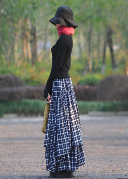 Navy Wrinkled Asymmetrical Plaid Cotton Skirts Spring