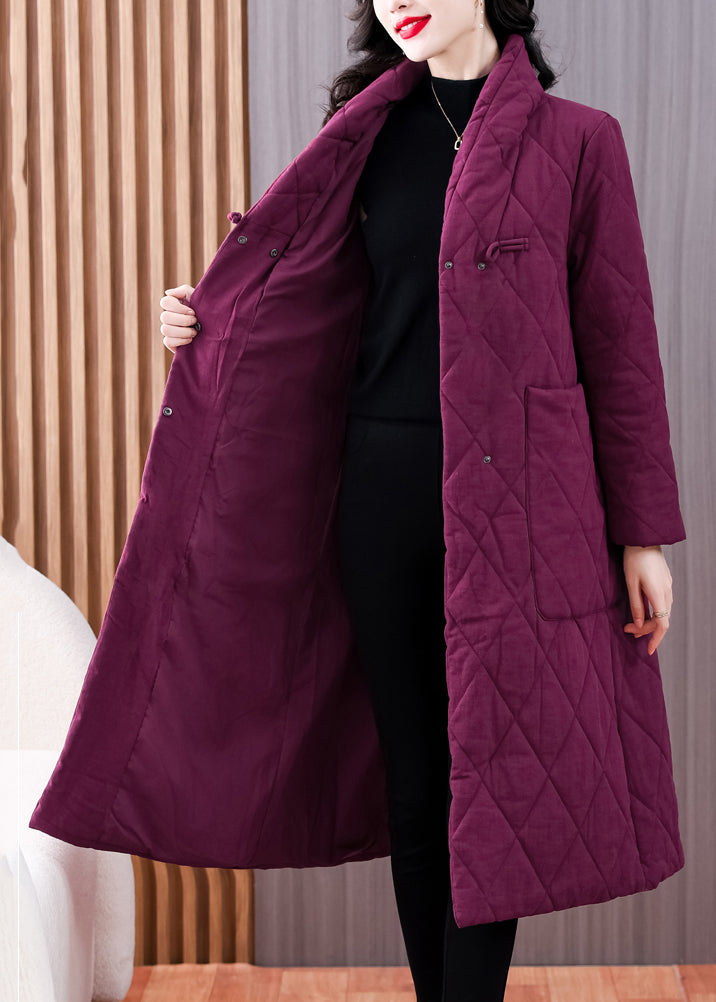Purple V Neck Pockets Chinese Button Fine Cotton Filled Coat Winter