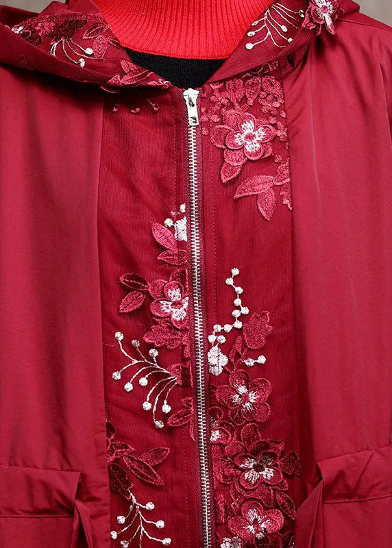 Red Zippered Patchwork Embroideried Spring Coats