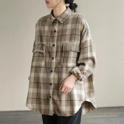 Lapel Patchwork Spring Tunic Pattern Design Khaik Plaid Shirt