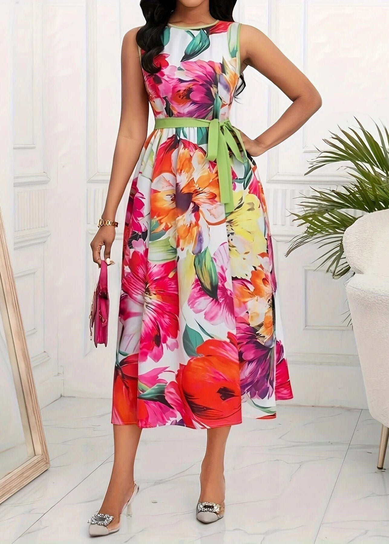 Red O-neck Print Tie Waist Maxi Dress Sleeveless Summer