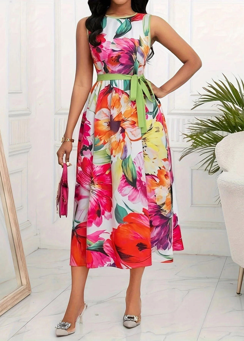 Red O-neck Print Tie Waist Maxi Dress Sleeveless Summer