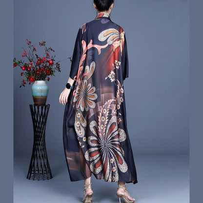 Black Print Button Silk Cardigan Long