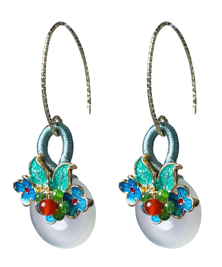 Green Jade Agate Cloisonne Drop Earrings
