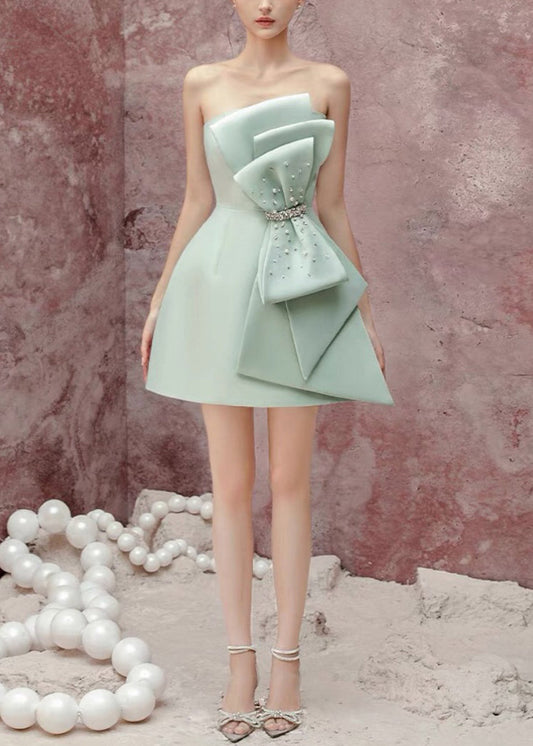 Novelty Green Bow Zircon Pearl Cotton Mid Dresses Sleeveless