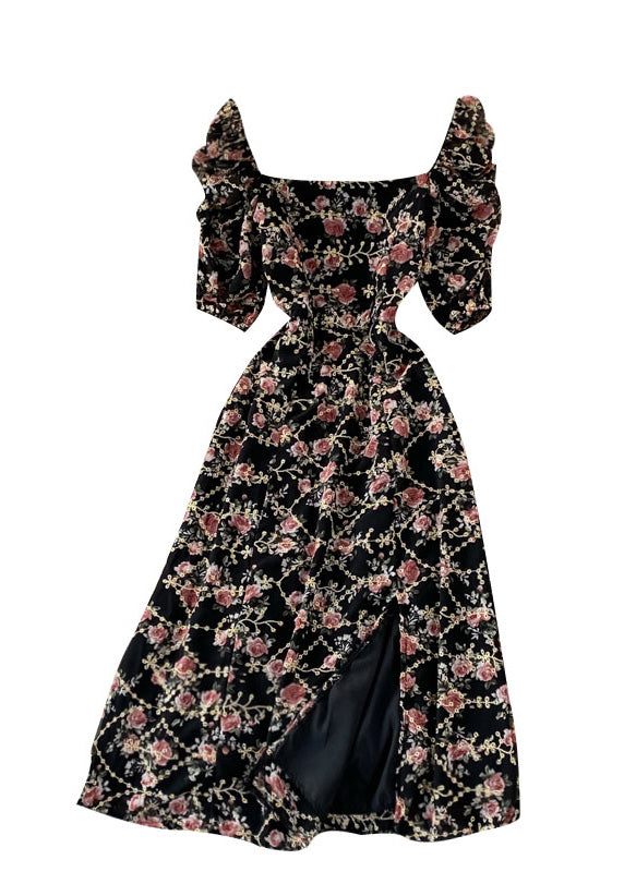 Apricot Square Collar Print Tunic Chiffon Maxi Dresses Short Sleeve