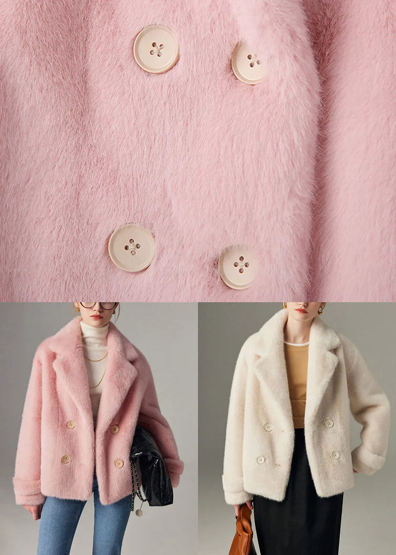 Loose Pink Notched Double Breast Mink Hair Coats Winter