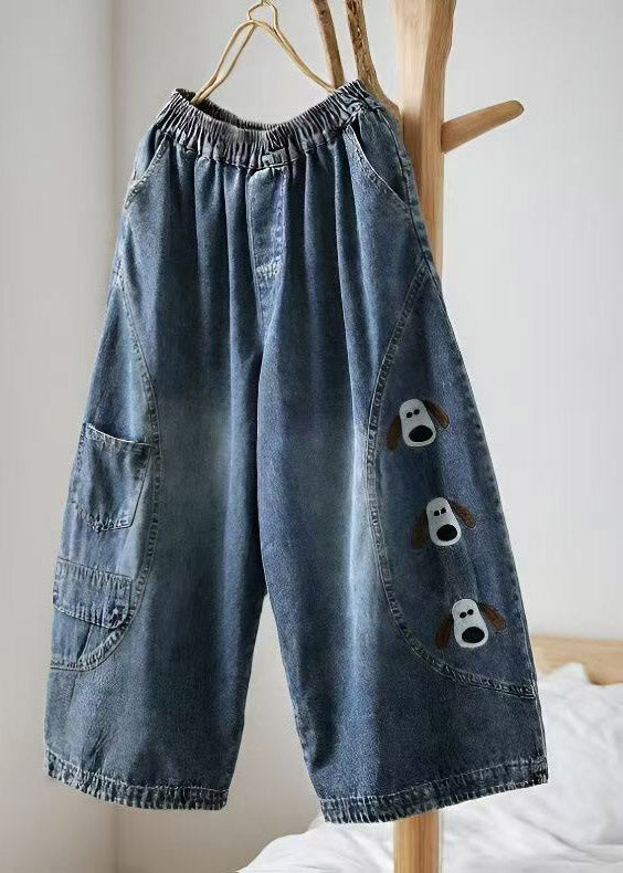 Blue Elastic Waist Pockets Print Crop Jeans