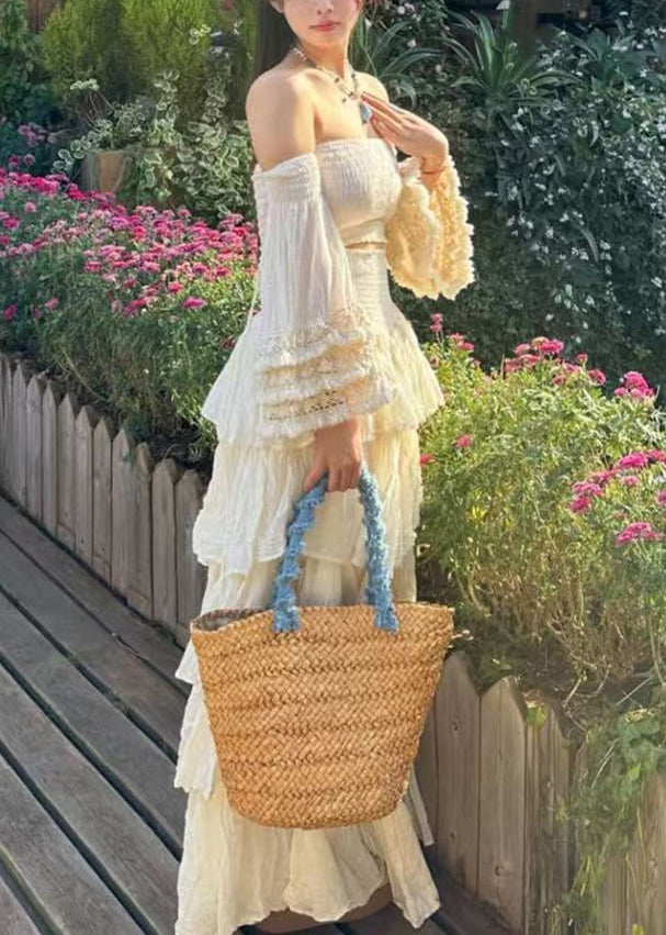 Novelty Apricot Slash Neck Wrinkled Cotton Two Piece Set Flare Sleeve
