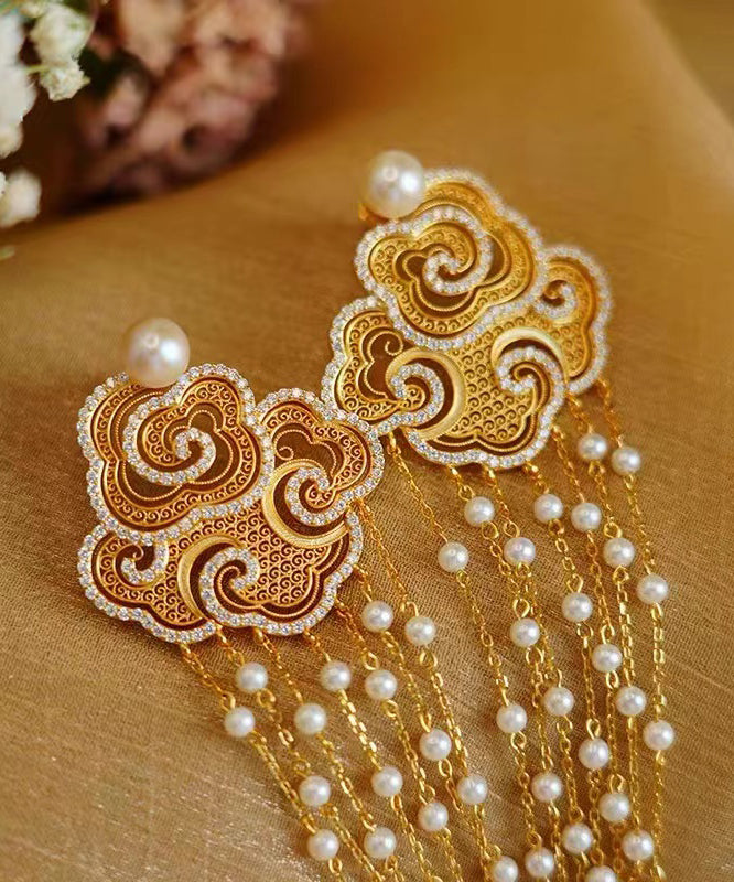 Gold Sterling Silver Overgild Pearl Auspicious Clouds Tassel Drop Earrings
