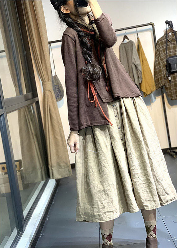 Chocolate O-neck Button Asymmetrical Design Fall Sweater
