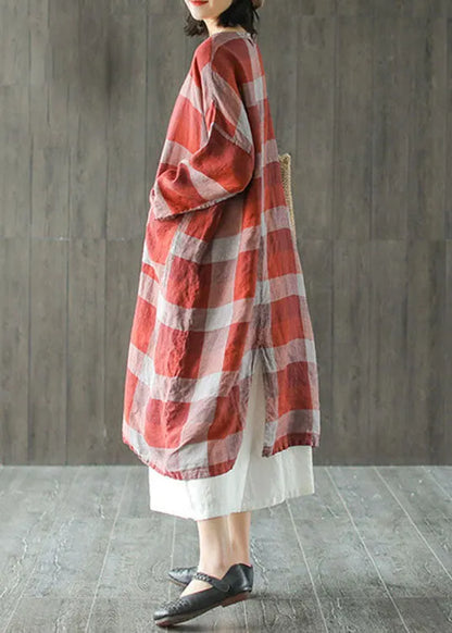 French Red O-neck Pockets Linen Fall Robe Dresses