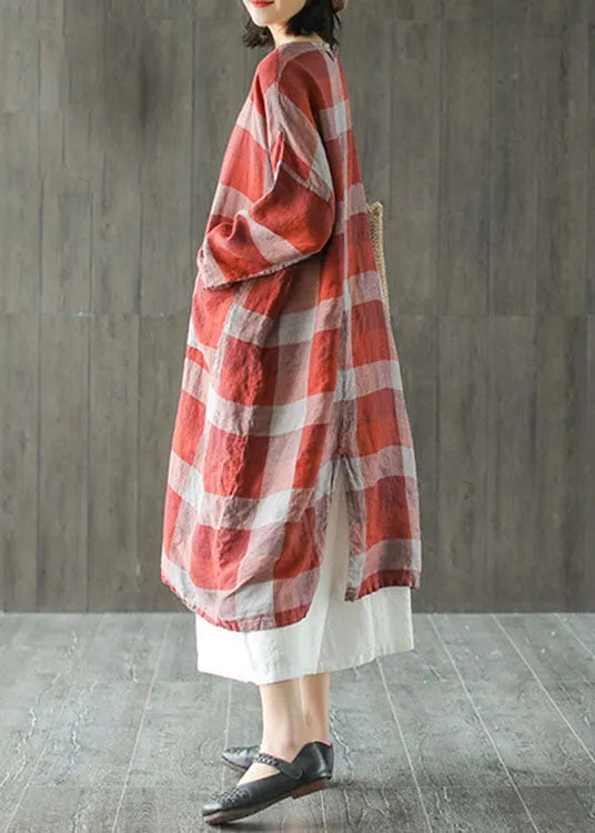 French Red O-neck Pockets Linen Fall Robe Dresses