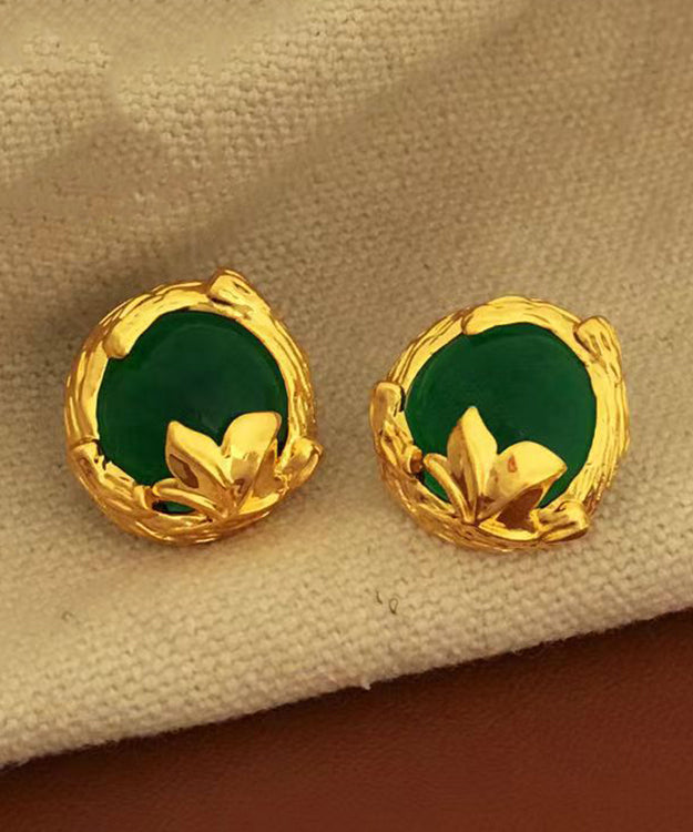 Art Green Copper Overgild 14k Gold Gem Stone Stud Earrings Df1025