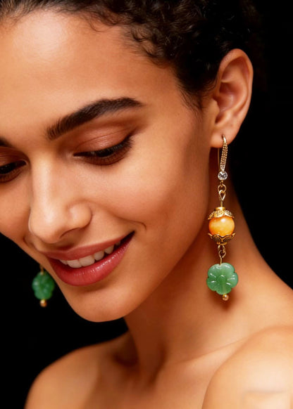 Art Green Lotus Flower Jade Connect Beeswax Drop Earrings
