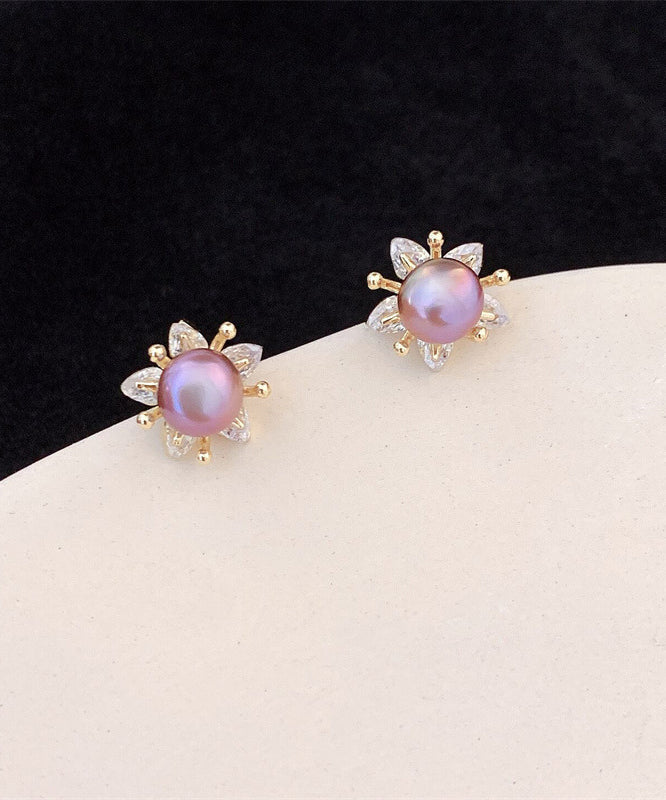 Art Purple Sterling Silver Overgild Pearl Stud Earrings