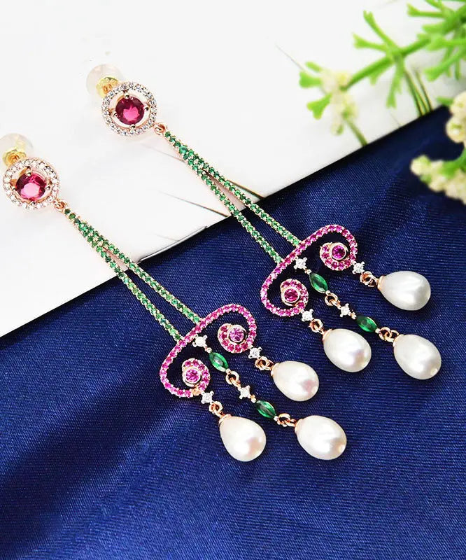 Sterling Silver Pearl Zircon Water Drop Tassel Drop Earrings