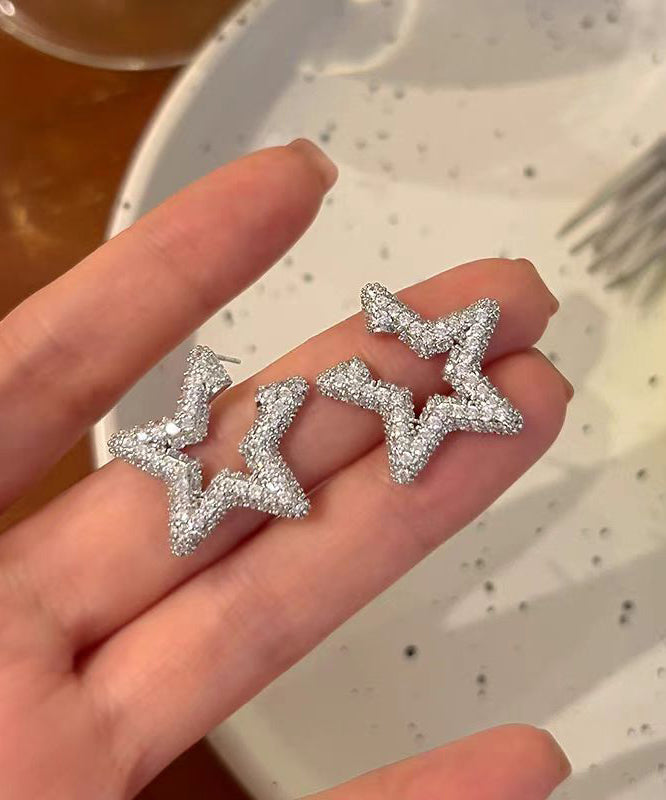 Art Silk Sterling Silver Zircon Star Stud Earrings