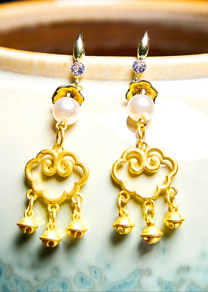 Art Small Bell Auspicious Clouds 14k Gold Pearl Drop Earrings