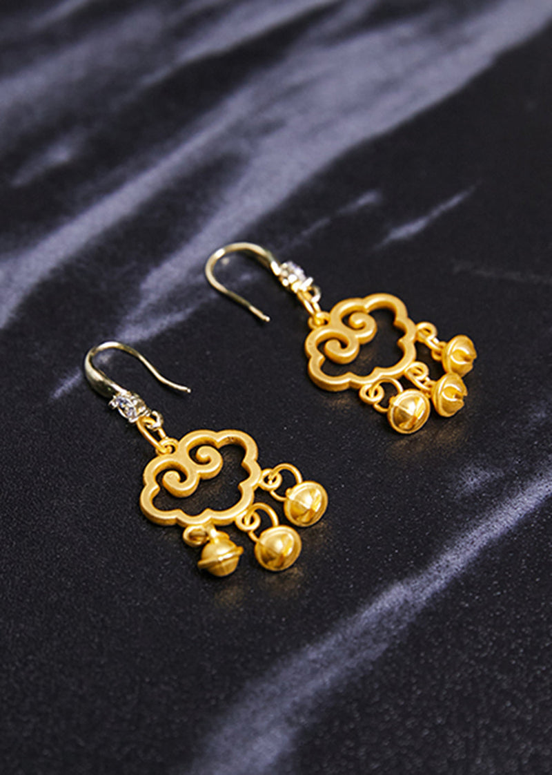 Art Small Bell Auspicious Clouds 14k Gold Pearl Drop Earrings
