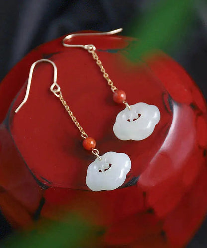 White 18k Gold Jade Ruyi Agate Drop Earrings