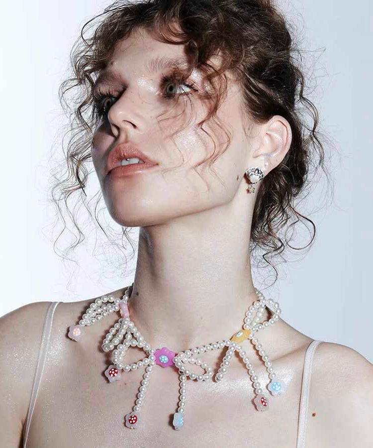 Art White Alloy Beading Pearl Bow Tassel Pendant Necklace Qj014