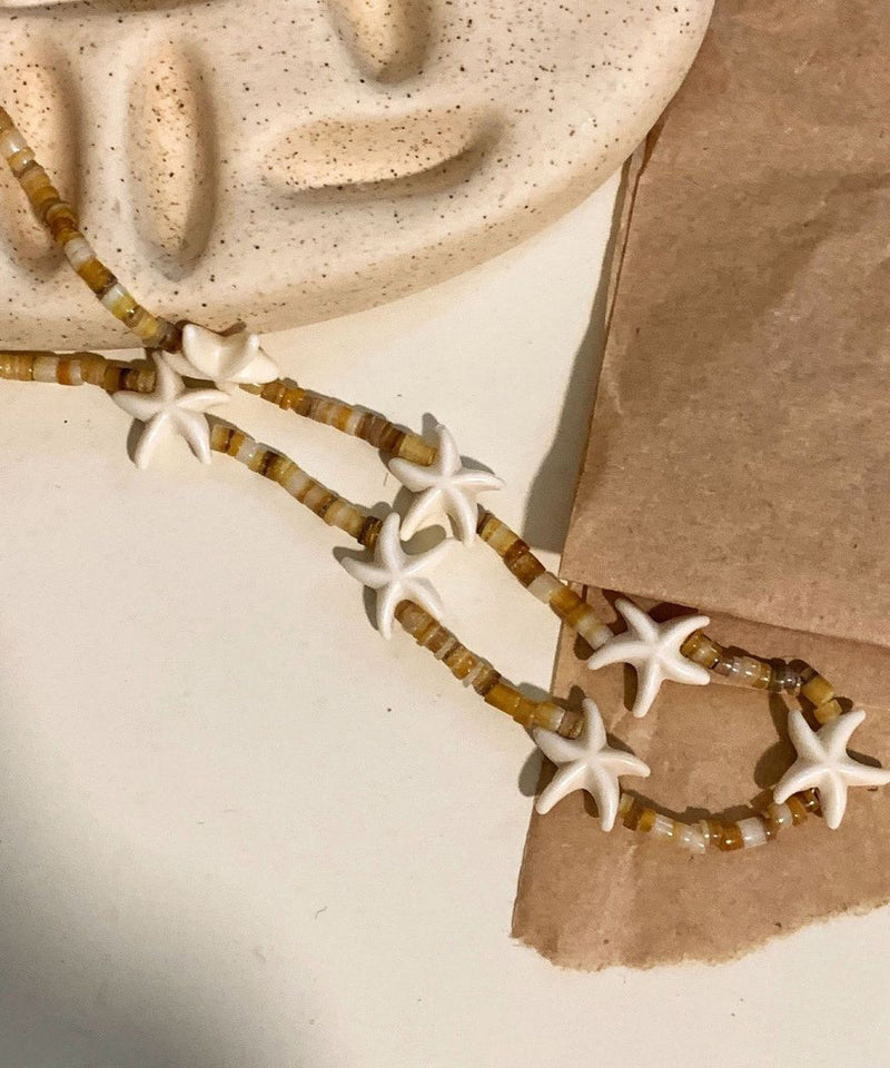 Beach Yellow Alloy Starfish Shell Beading Necklace