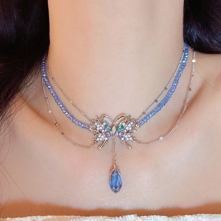 Baby Blue Copper Zircon Crystal Butterfly Water Drop Tassel Pendant Necklace