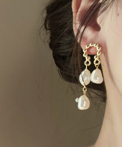 Beige Sterling Alloy Silver Pearl Tassel Drop Earrings