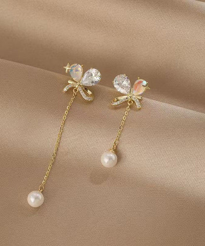 Gold Copper Overgild Asymmetrical Pearl Butterfly Tassel Drop Earrings